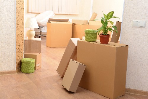 Organised boxes and fragile items during a house relocation